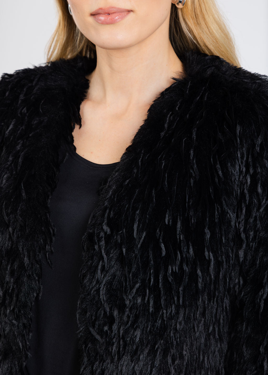 Joseph Ribkoff Faux Fur Collarless Boxy Jacket in Black available at Barbara Katz