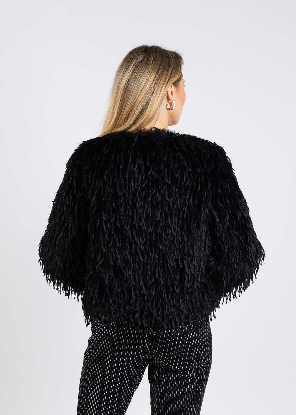 Joseph Ribkoff Faux Fur Collarless Boxy Jacket in Black available at Barbara Katz