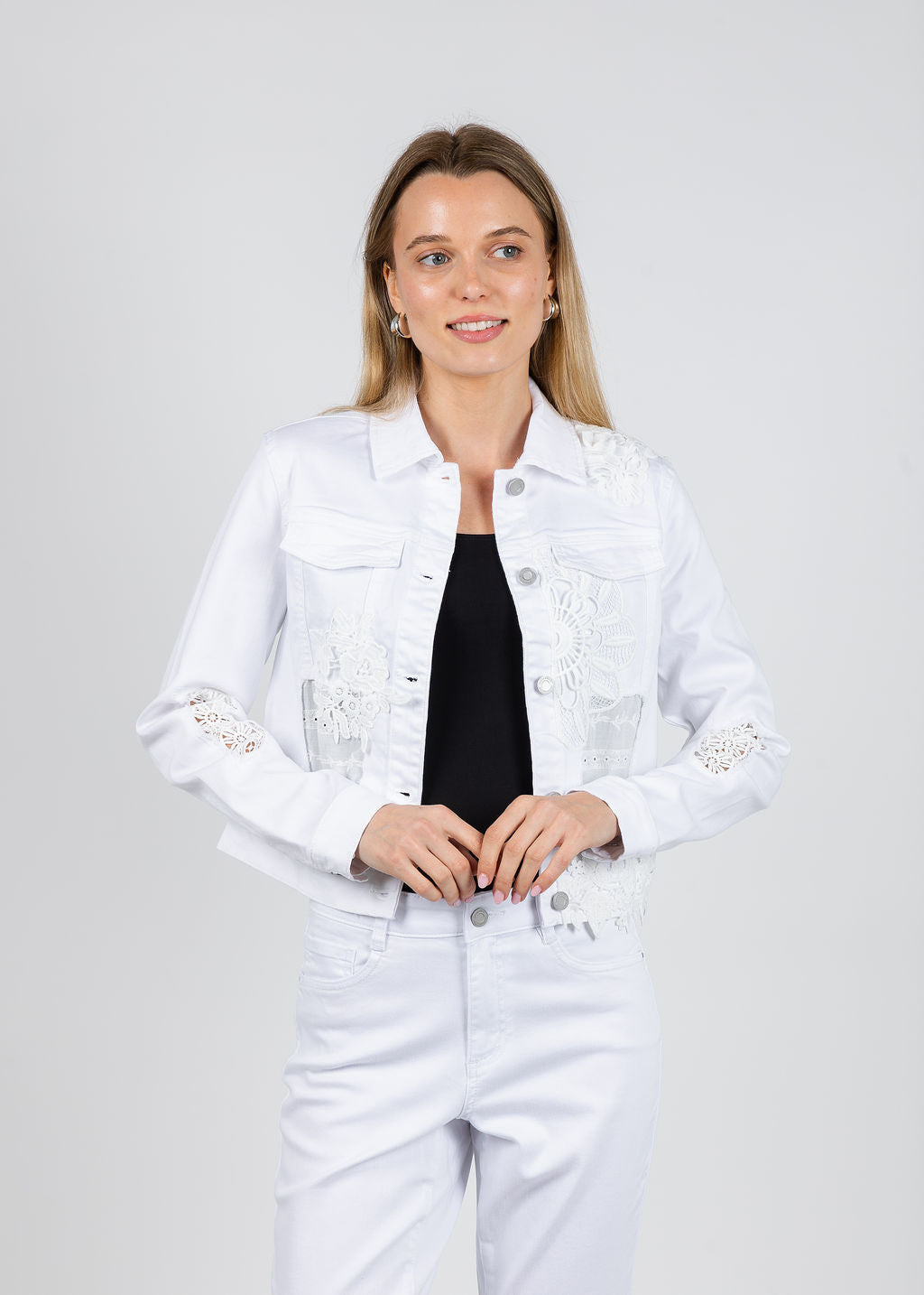 Joseph Ribkoff Featherweave Denim Jacket With Lace Embroidery in White available at Barbara Katz