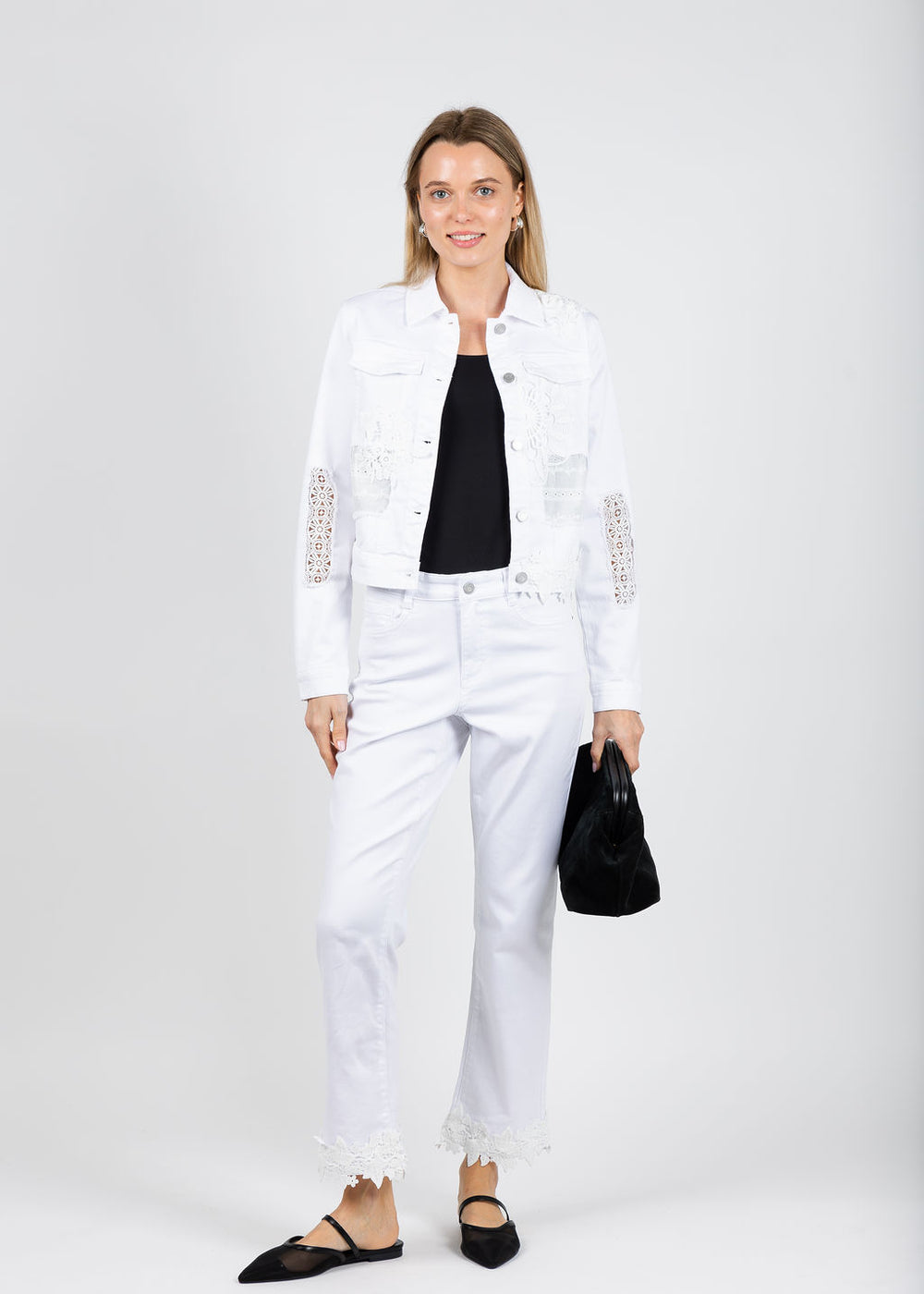 Joseph Ribkoff Featherweave Denim Jacket & Straight Cropped Jeans With Lace Embroidery in White available at Barbara Katz