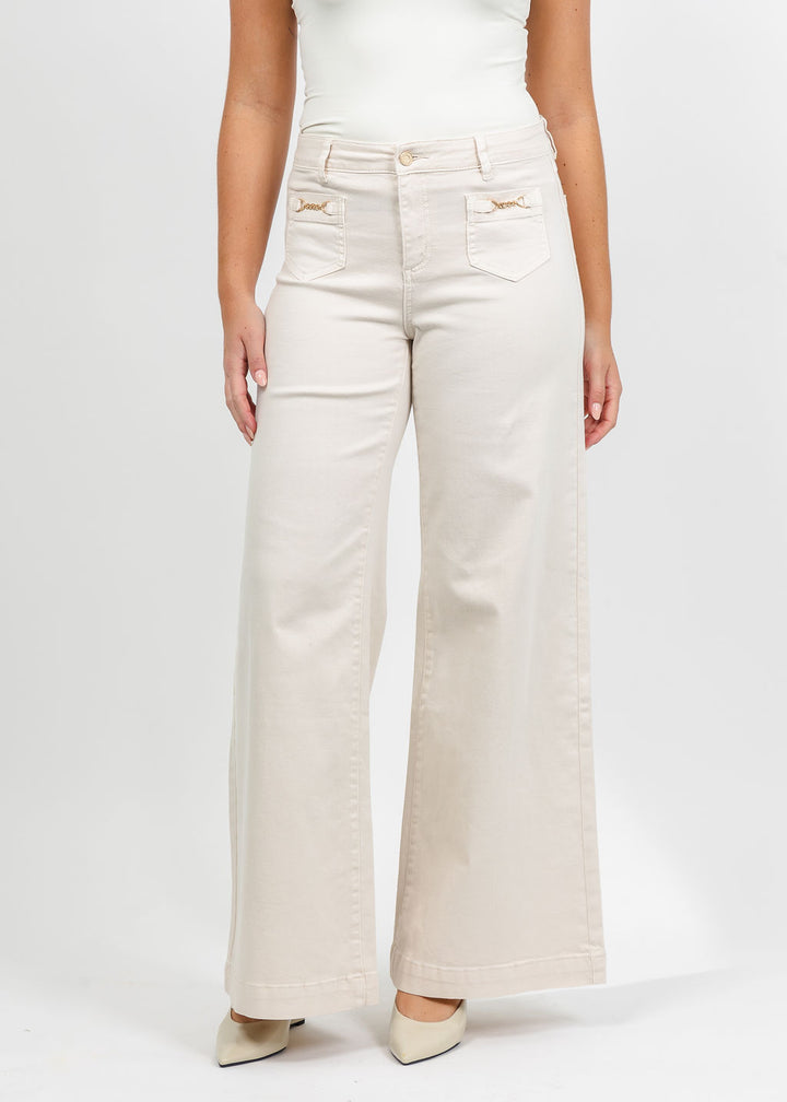 Joseph Ribkoff Featherweave Denim Palazzo Jeans in Birch available at Barbara Katz