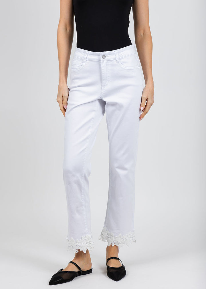Joseph Ribkoff Featherweave Denim Straight Crop Jeans With Lace Embroidery in White available at Barbara Katz