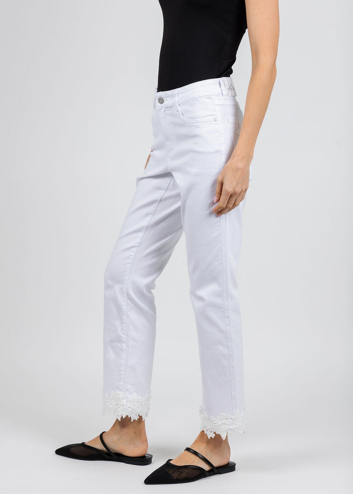 Joseph Ribkoff Featherweave Denim Straight Crop Jeans With Lace Embroidery in White available at Barbara Katz