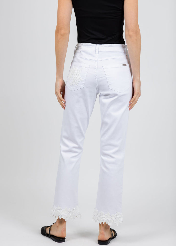 Joseph Ribkoff Featherweave Denim Straight Crop Jeans With Lace Embroidery in White available at Barbara Katz