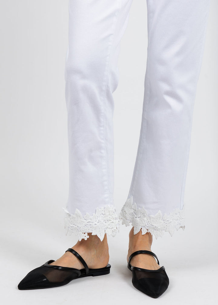 Joseph Ribkoff Featherweave Denim Straight Crop Jeans With Lace Embroidery in White available at Barbara Katz