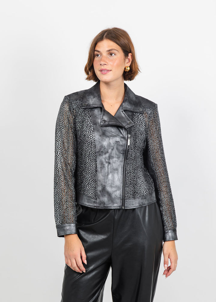 Joseph Ribkoff Foiled Faux Suede Moto Jacket in Black/Gunmetal available at Barbara Katz