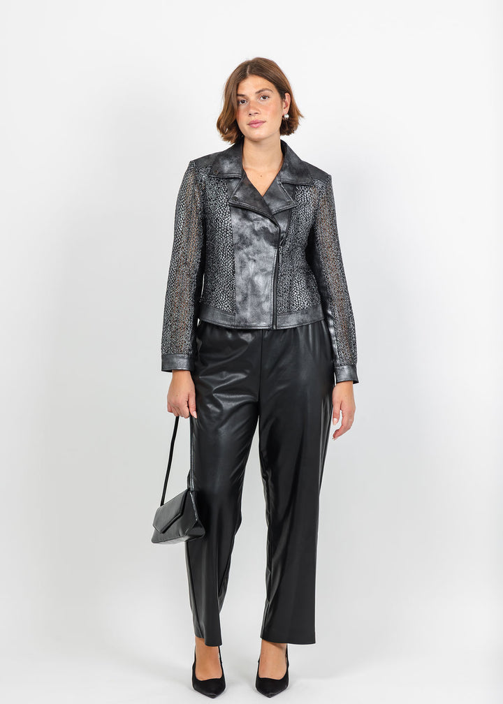 Joseph Ribkoff Foiled Faux Suede Moto Jacket in Black/Gunmetal available at Barbara Katz