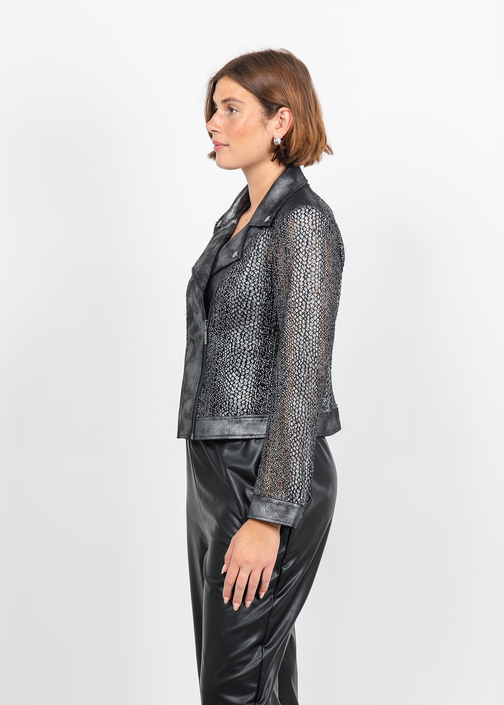 Joseph Ribkoff Foiled Faux Suede Moto Jacket in Black/Gunmetal available at Barbara Katz