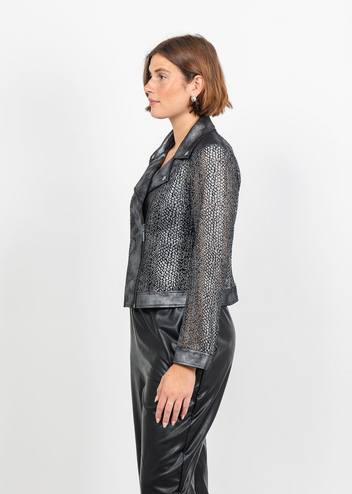 Joseph Ribkoff Foiled Faux Suede Moto Jacket in Black/Gunmetal available at Barbara Katz