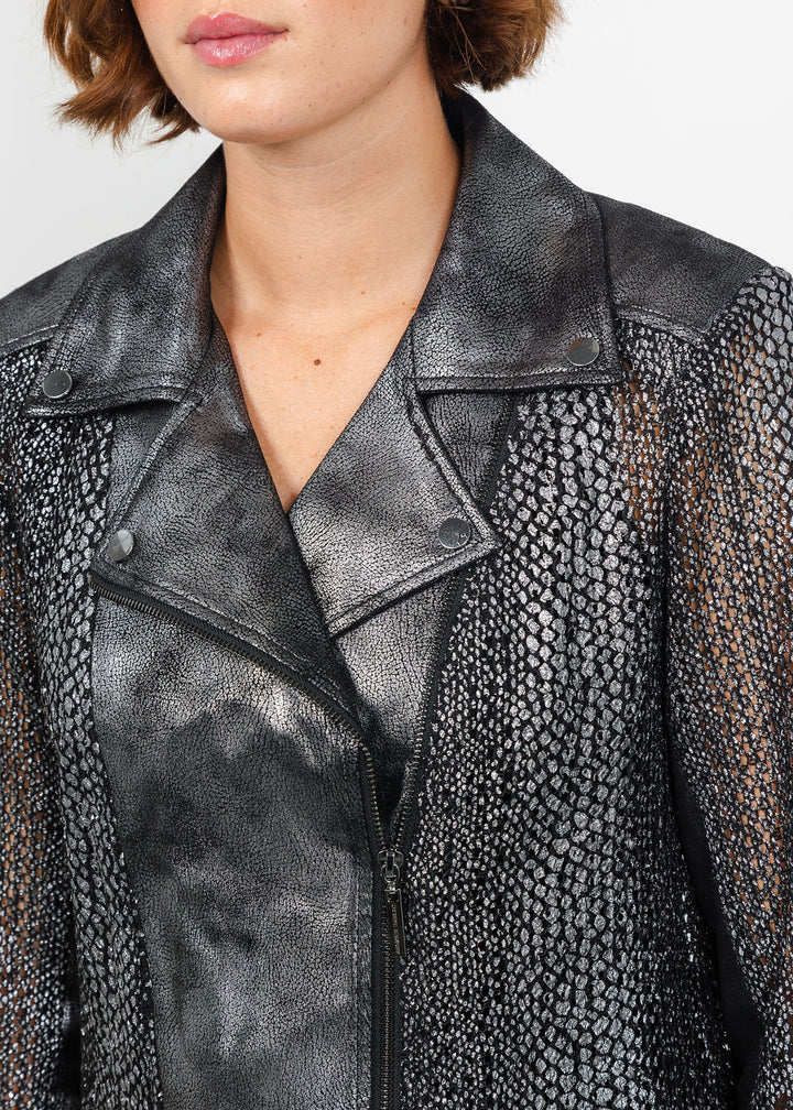 Joseph Ribkoff Foiled Faux Suede Moto Jacket in Black/Gunmetal available at Barbara Katz