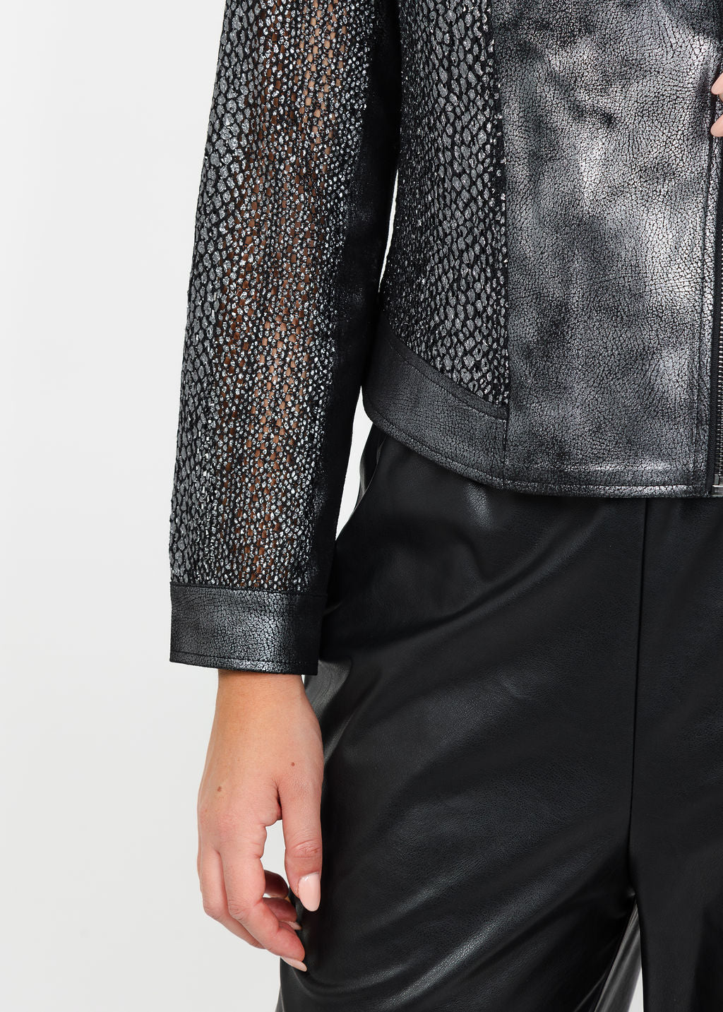 Joseph Ribkoff Foiled Faux Suede Moto Jacket in Black/Gunmetal available at Barbara Katz