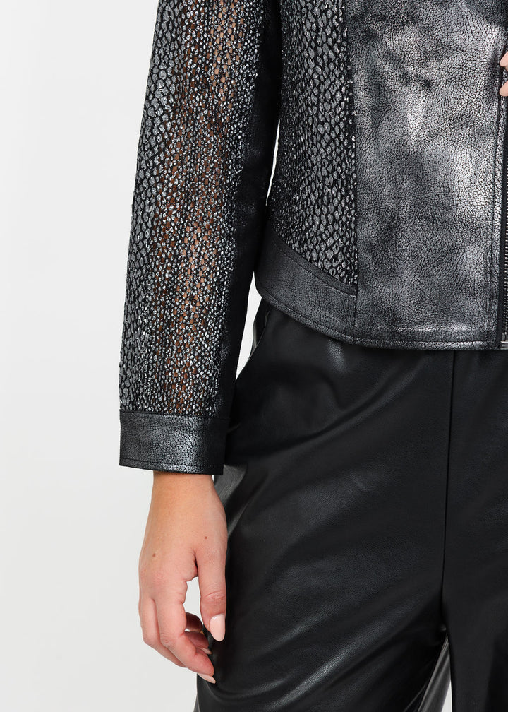Joseph Ribkoff Foiled Faux Suede Moto Jacket in Black/Gunmetal available at Barbara Katz