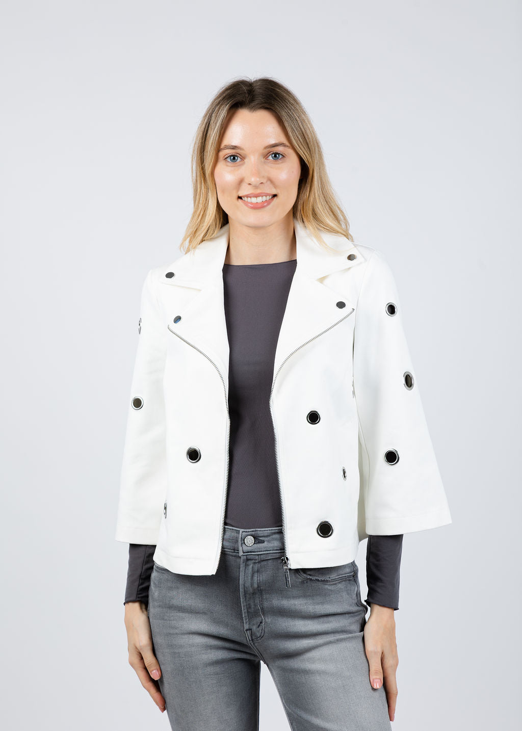 Joseph Ribkoff Foiled Faux Suede Swing Jacket With Grommets in Off White available at Barbara Katz
