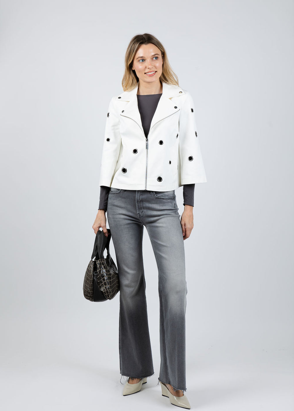 Joseph Ribkoff Foiled Faux Suede Swing Jacket With Grommets in Off White available at Barbara Katz