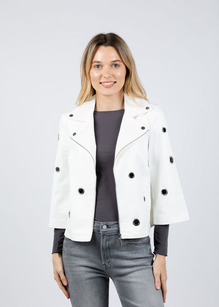 Joseph Ribkoff Foiled Faux Suede Swing Jacket With Grommets - Off