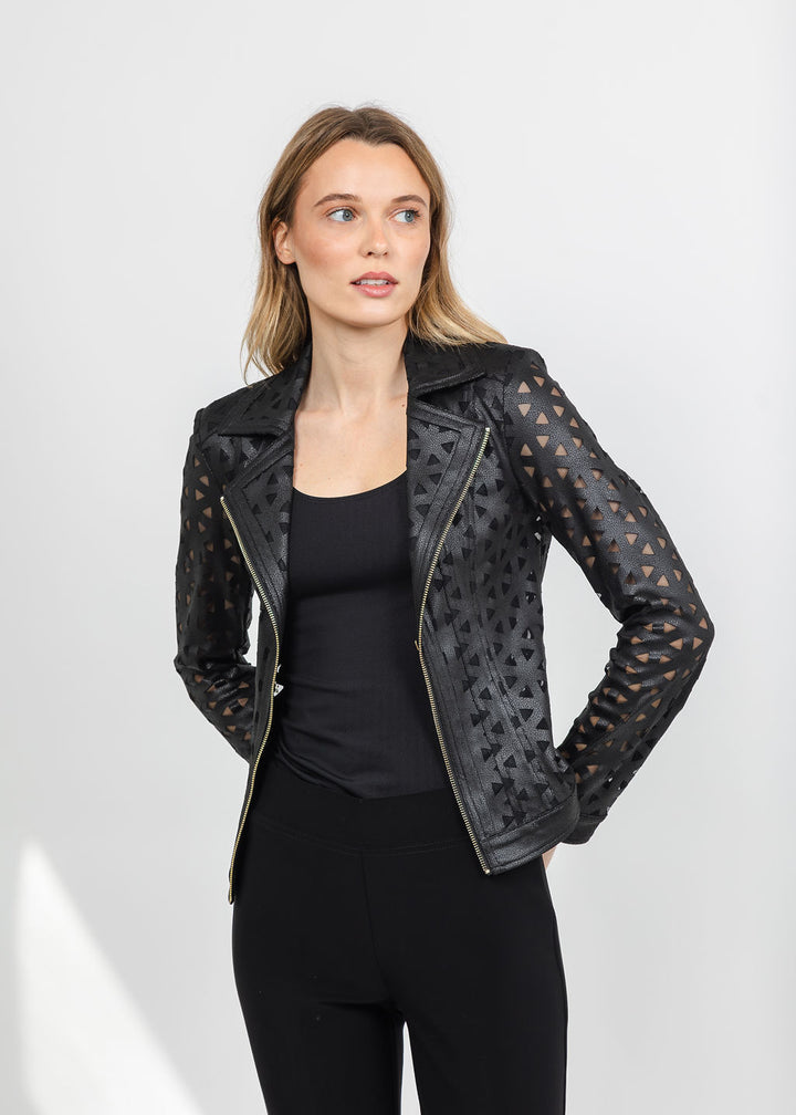 Joseph Ribkoff Foiled Faux Suede &amp; Mesh Moto Jacket - Black available at Barbara Katz
