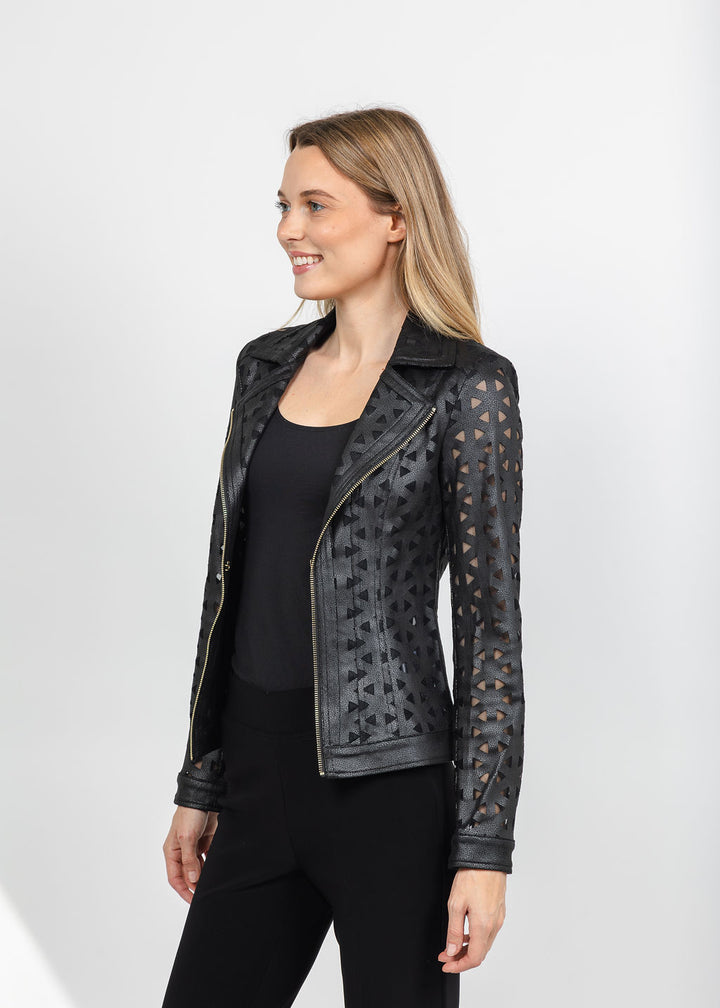 Joseph Ribkoff Foiled Faux Suede &amp; Mesh Moto Jacket - Black available at Barbara Katz