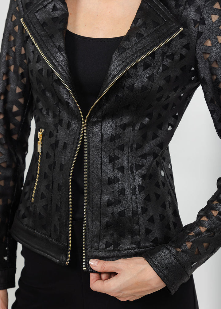 Joseph Ribkoff Foiled Faux Suede &amp; Mesh Moto Jacket - Black available at Barbara Katz