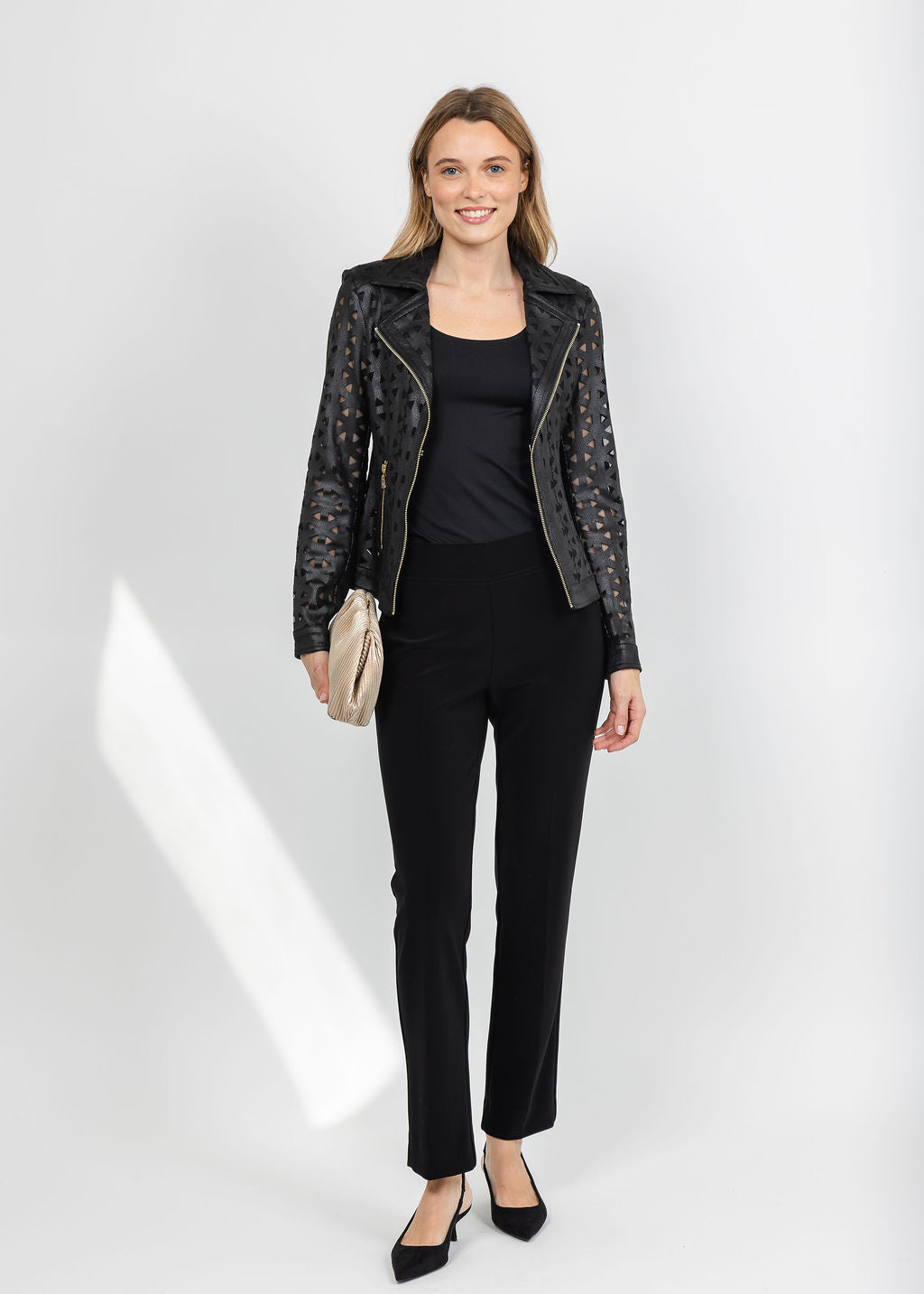 Joseph Ribkoff Foiled Faux Suede &amp; Mesh Moto Jacket - Black available at Barbara Katz