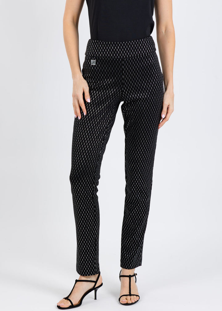 Joseph Ribkoff Foiled Heavy Knit Slim Fit Pants in Black/Silver available at Barbara Katz
