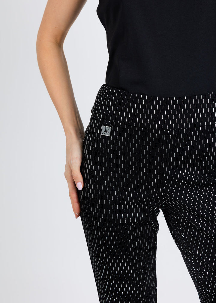 Joseph Ribkoff Foiled Heavy Knit Slim Fit Pants in Black/Silver available at Barbara Katz