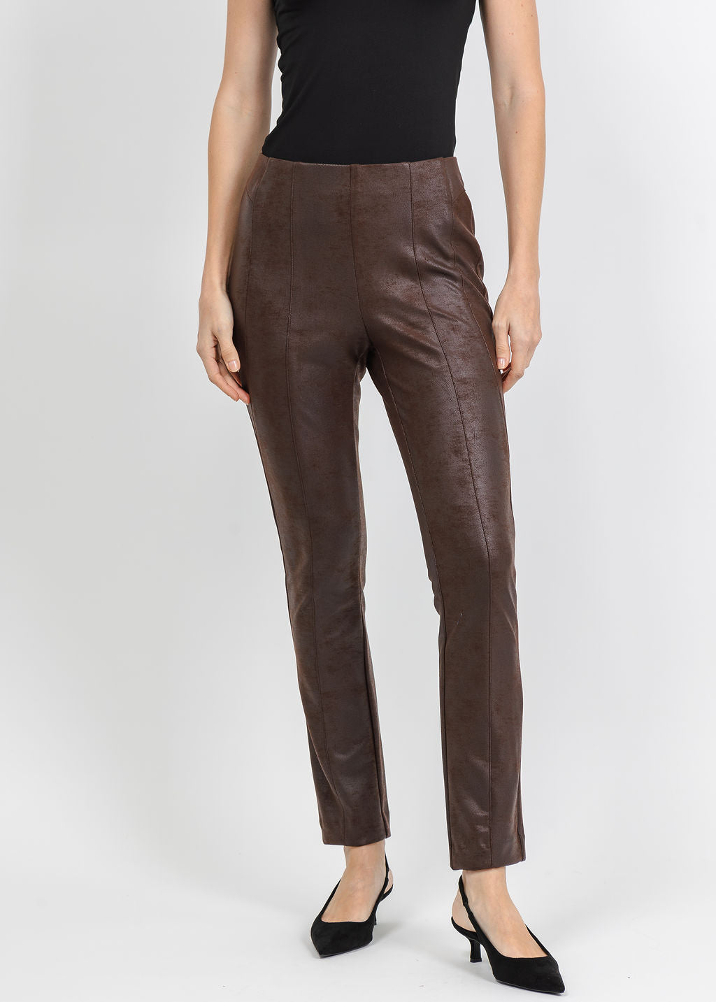 Joseph Ribkoff Foiled Knit Slim-Fit Pant in Brown available at Barbara Katz