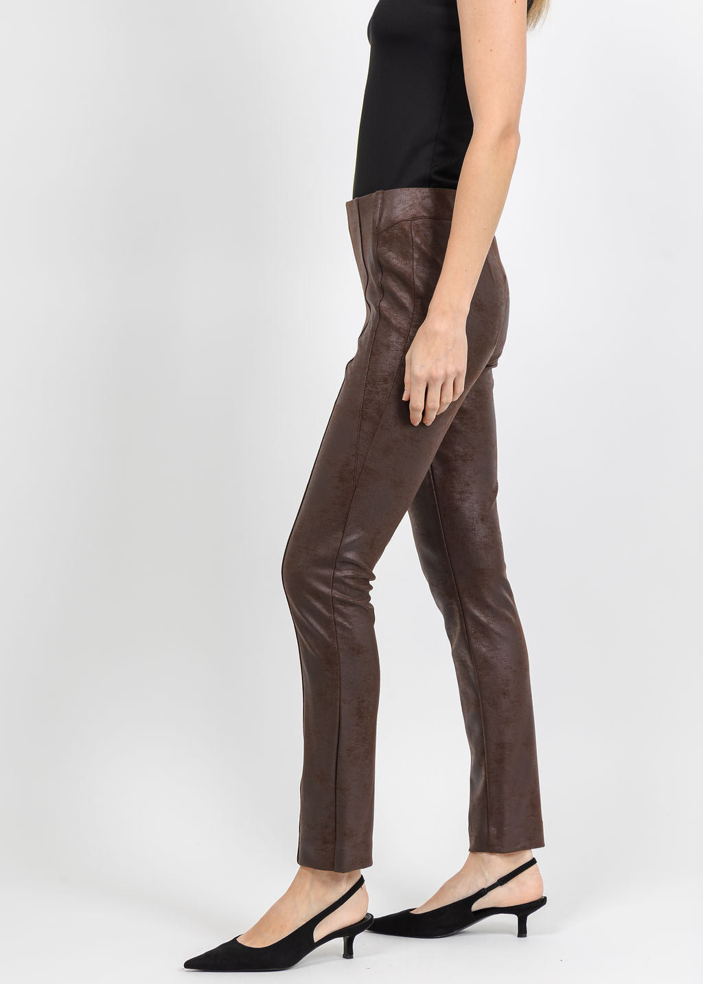 Joseph Ribkoff Foiled Knit Slim-Fit Pant in Brown available at Barbara Katz