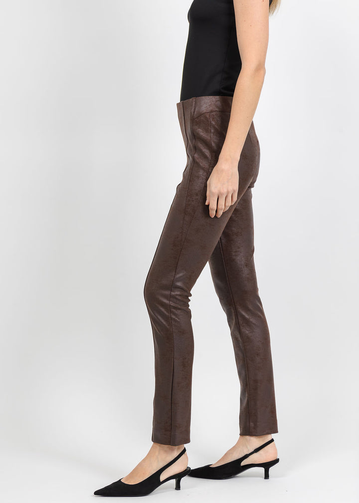 Joseph Ribkoff Foiled Knit Slim-Fit Pant in Brown available at Barbara Katz
