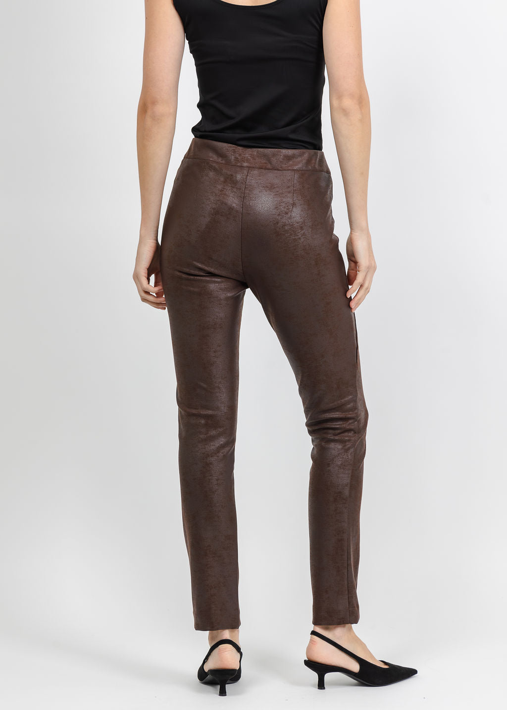 Joseph Ribkoff Foiled Knit Slim-Fit Pant in Brown available at Barbara Katz