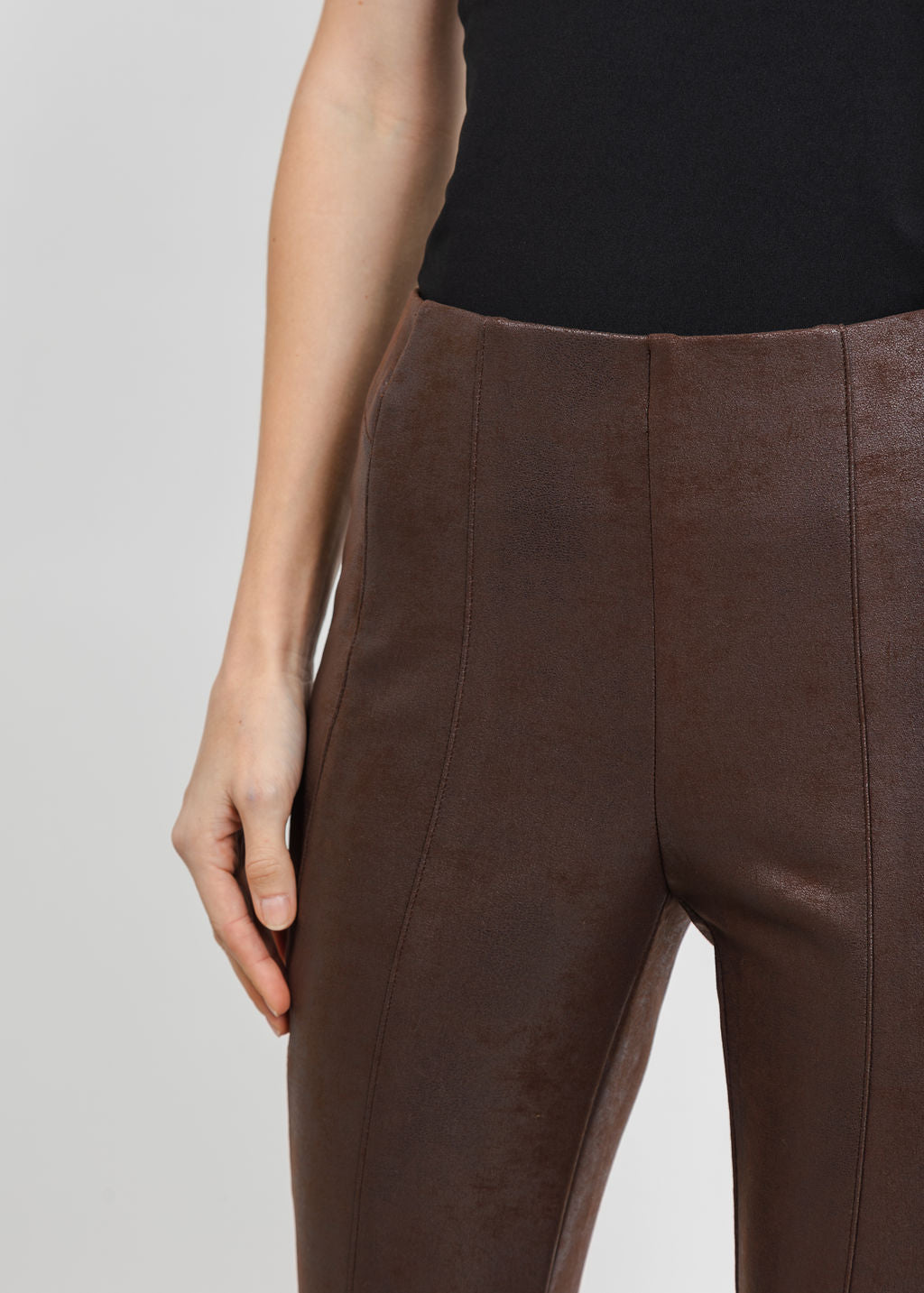 Joseph Ribkoff Foiled Knit Slim-Fit Pant in Brown available at Barbara Katz