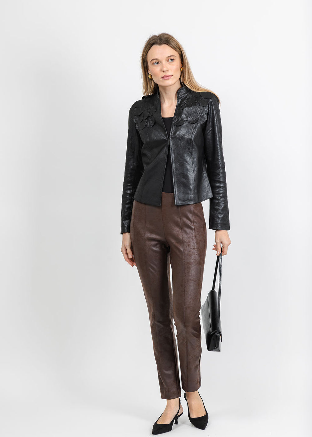 Joseph Ribkoff Embellished Foiled Suede Jacket in Black paired with Joseph Ribkoff Foiled Knit Slim-Fit Pant in Brown available at Barbara Katz