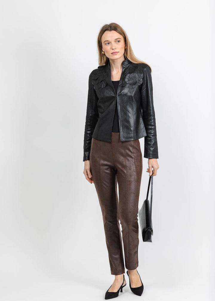 Joseph Ribkoff Embellished Foiled Suede Jacket in Black paired with Joseph Ribkoff Foiled Knit Slim-Fit Pant in Brown available at Barbara Katz
