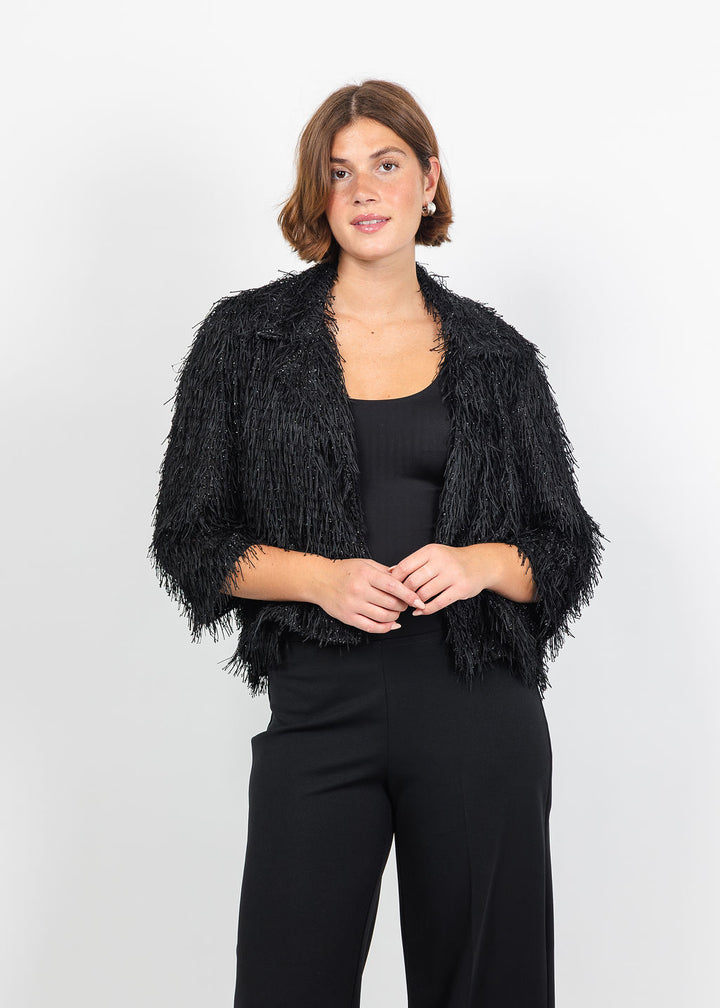 Joseph Ribkoff Fringed Short Blazer in Black available at Barbara Katz