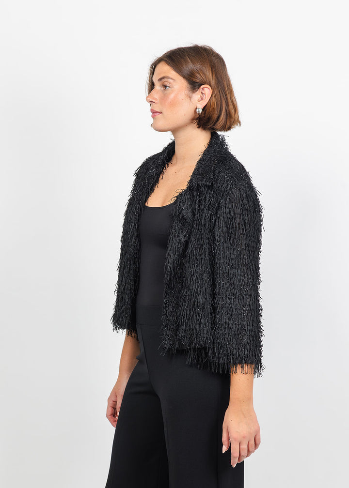 Joseph Ribkoff Fringed Short Blazer in Black available at Barbara Katz