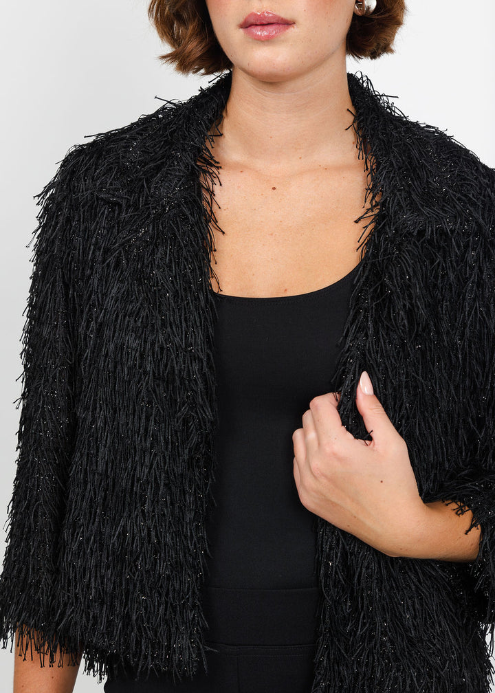 Joseph Ribkoff Fringed Short Blazer in Black available at Barbara Katz