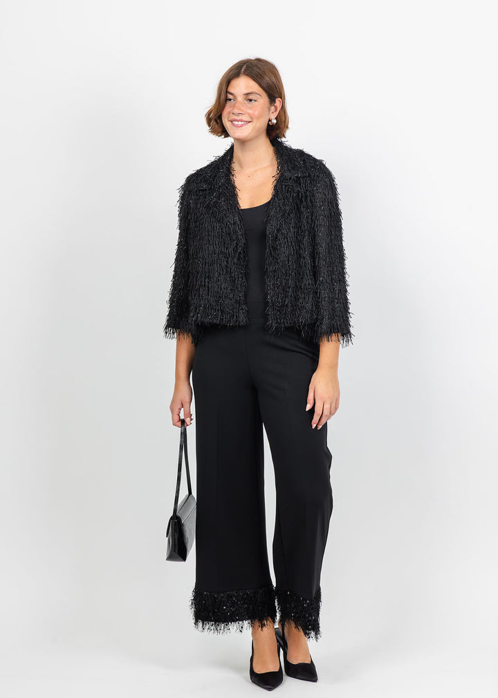 Joseph Ribkoff Fringed Short Blazer and Pants in Black available at Barbara Katz