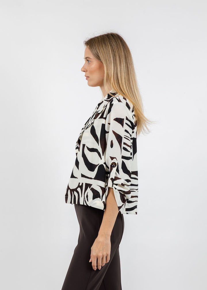 Joseph Ribkoff Gauze Tropical Print Boxy Blazer in Beige/Multi available at Barbara Katz