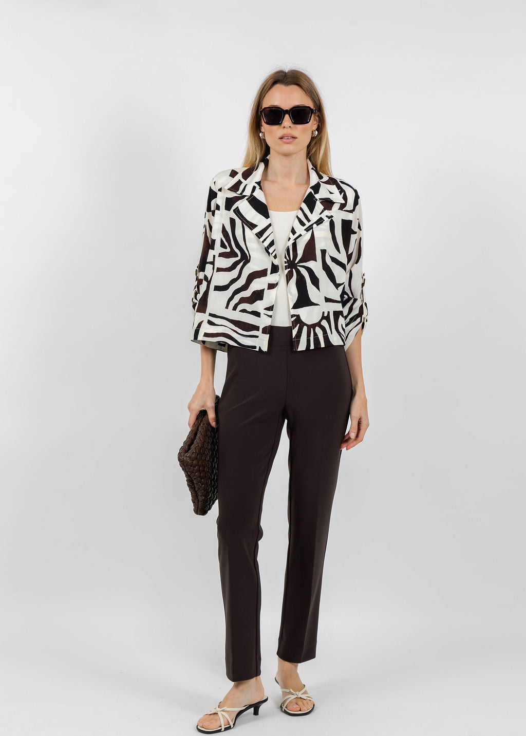 Joseph Ribkoff Gauze Tropical Print Boxy Blazer in Beige/Multi paired with Joseph Ribkoff Classic Straight Pants in Mocha available at Barbara Katz