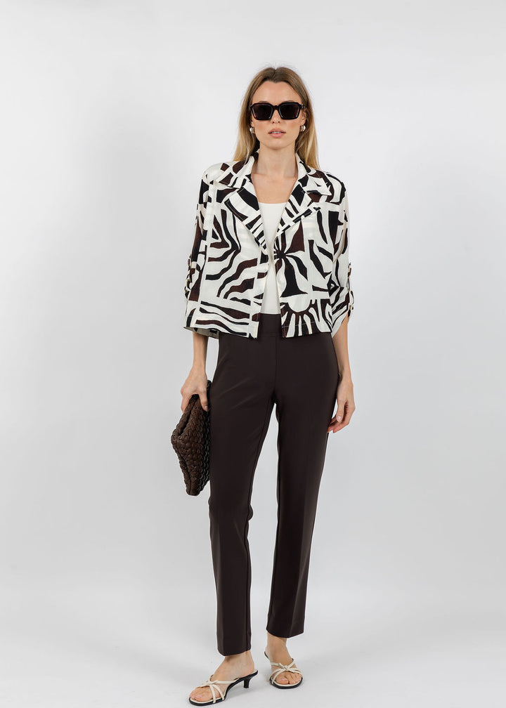 Joseph Ribkoff Gauze Tropical Print Boxy Blazer in Beige/Multi paired with Joseph Ribkoff Classic Straight Pants in Mocha available at Barbara Katz