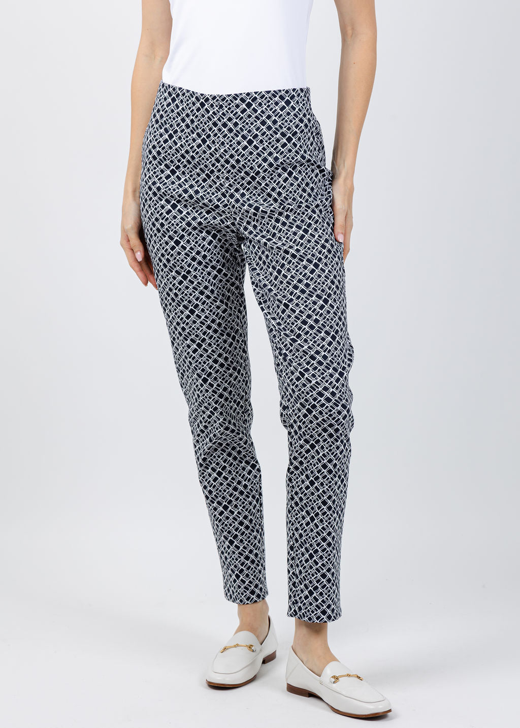 Joseph Ribkoff Geometric Jacquard Pull-On Slim Fit Pants in Navy/White available at Barbara Katz