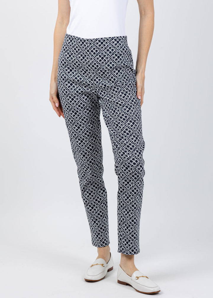Joseph Ribkoff Geometric Jacquard Pull-On Slim Fit Pants in Navy/White available at Barbara Katz