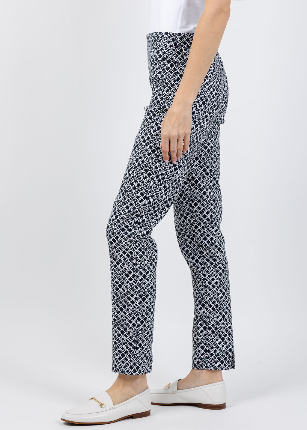 Joseph Ribkoff Geometric Jacquard Pull-On Slim Fit Pants in Navy/White available at Barbara Katz