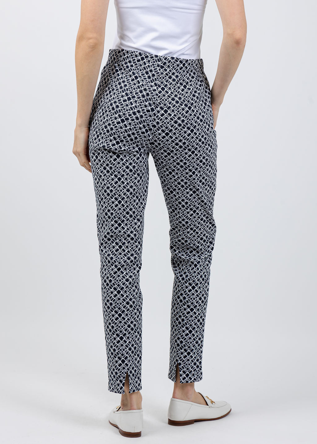 Joseph Ribkoff Geometric Jacquard Pull-On Slim Fit Pants in Navy/White available at Barbara Katz