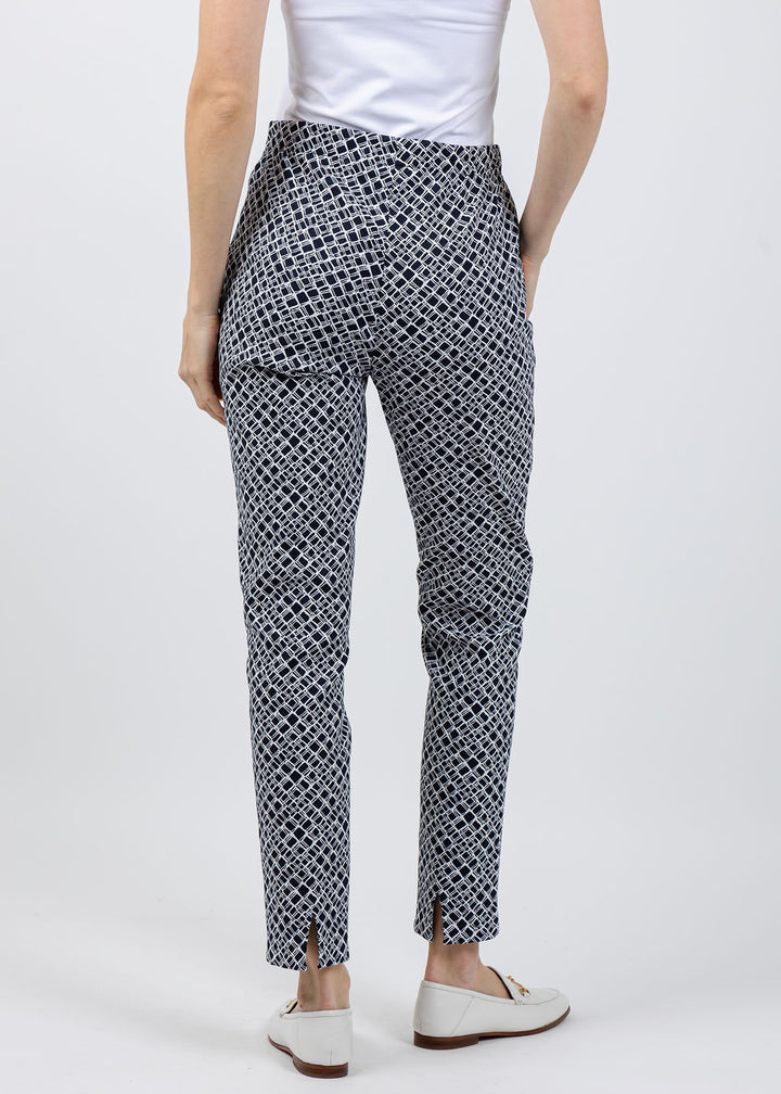 Joseph Ribkoff Geometric Jacquard Pull-On Slim Fit Pants in Navy/White available at Barbara Katz
