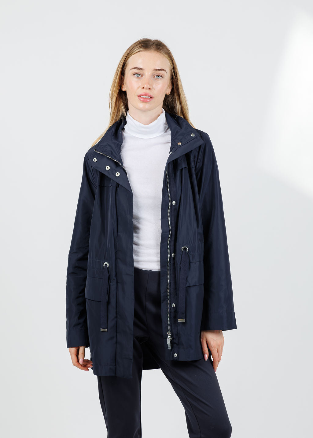 Joseph Ribkoff Imitation Memory Anorak With Hidden Hood in Navy available at Barbara Katz