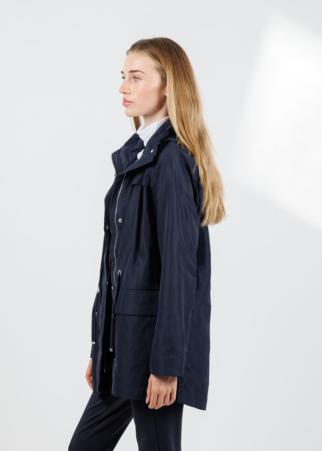 Joseph Ribkoff Imitation Memory Anorak With Hidden Hood in Navy available at Barbara Katz