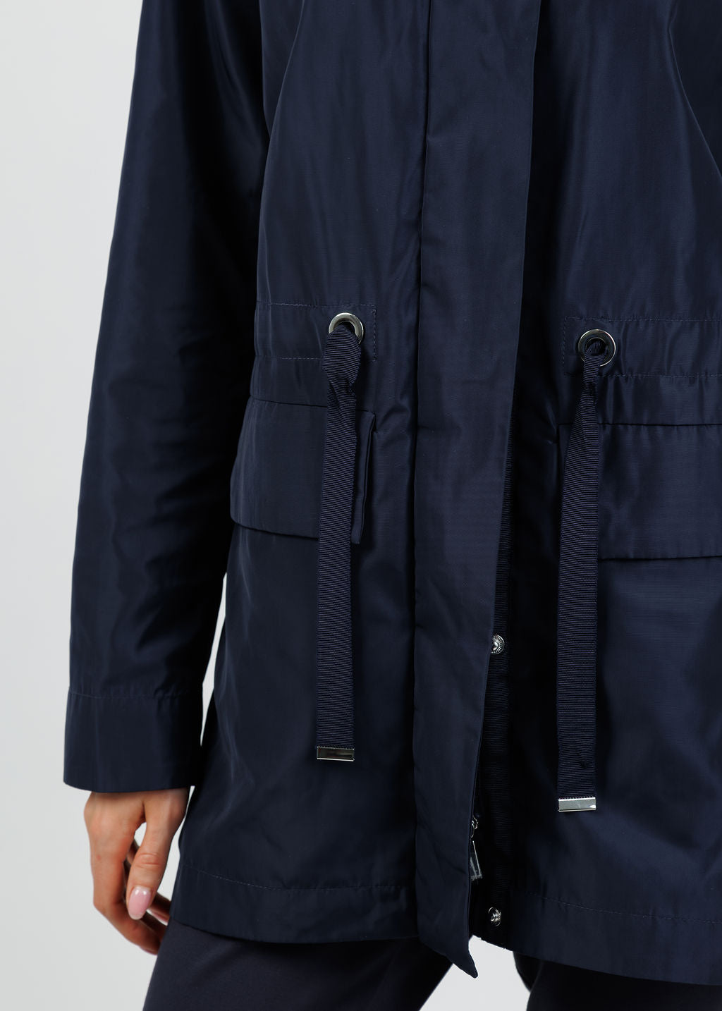 Joseph Ribkoff Imitation Memory Anorak With Hidden Hood in Navy available at Barbara Katz