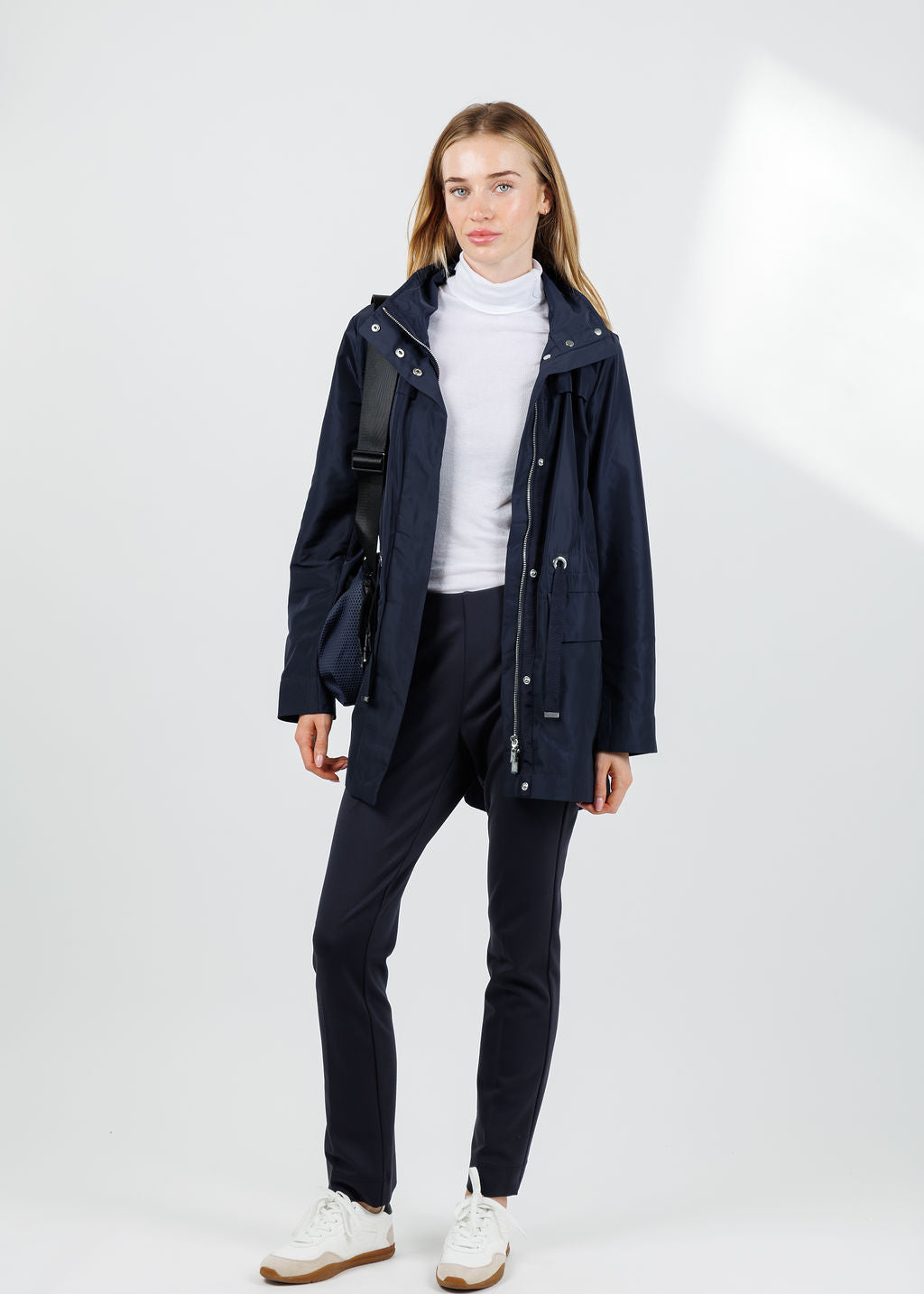 Joseph Ribkoff Imitation Memory Anorak With Hidden Hood in Navy available at Barbara Katz
