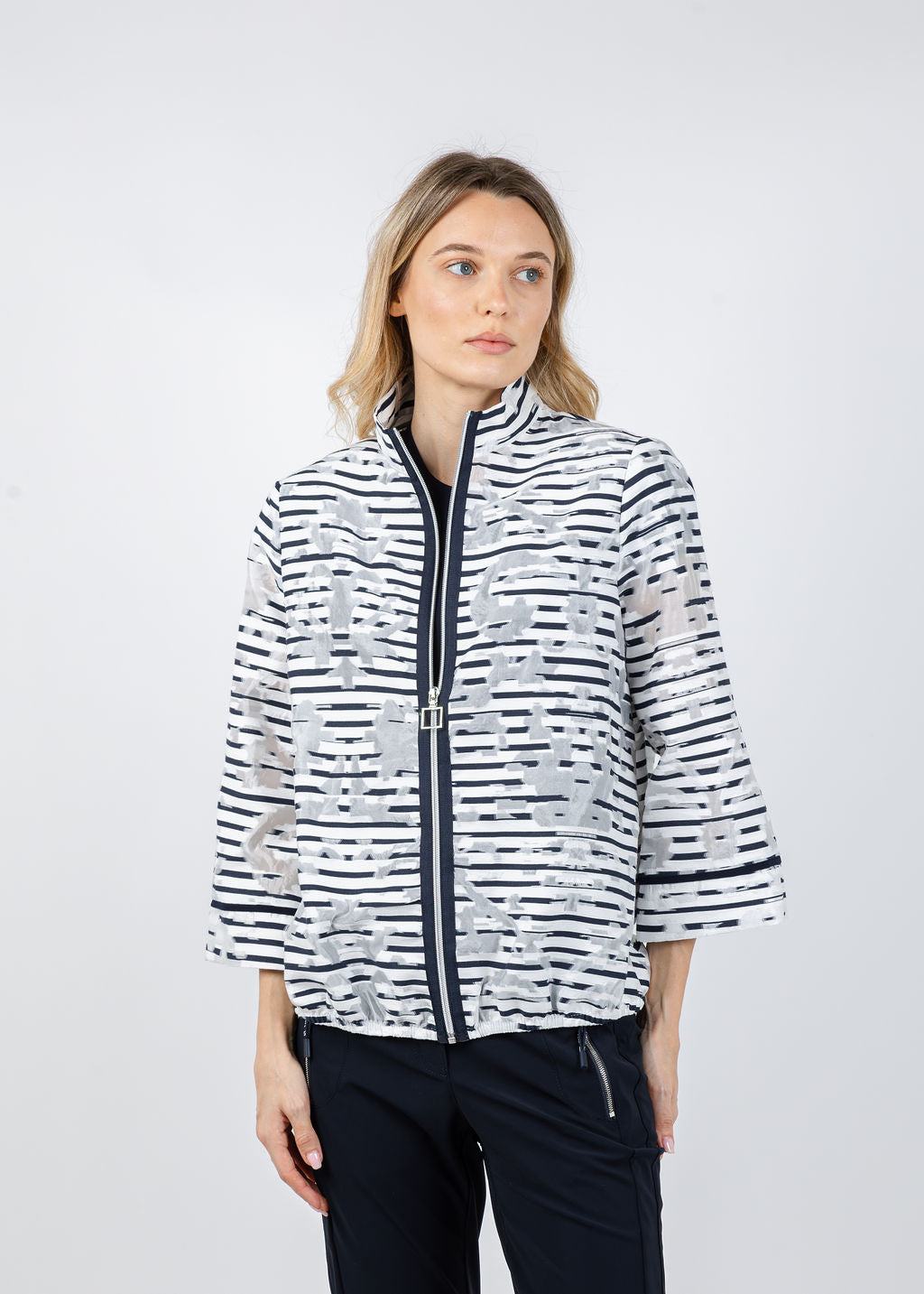 Joseph Ribkoff Jacquard Organza Stripe Bomber Jacket in Off White/Navy available at Barbara Katz