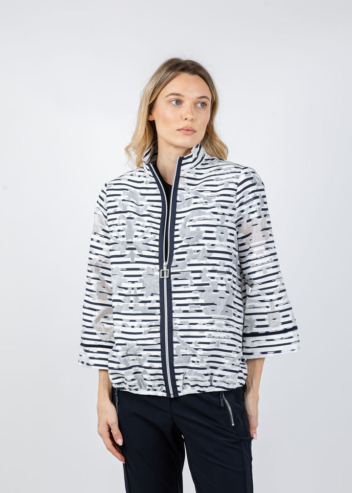 Joseph Ribkoff Jacquard Organza Stripe Bomber Jacket in Off White/Navy available at Barbara Katz